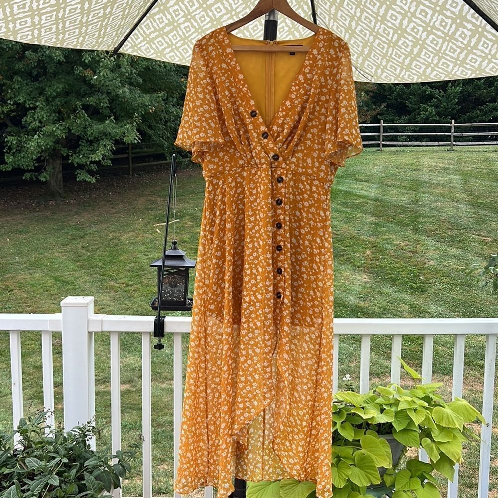 Lulus Women’s XL mustard yellow floral midi flowing dress NWOT boho prairie core - Picture 14 of 16